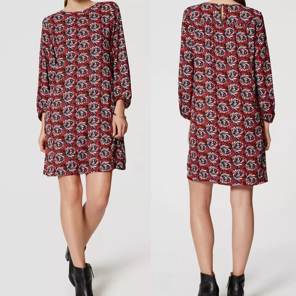 loft TALL Shadow Floral Red Print 3/4 Sleeve Lightweight Knee Length Shift Dress